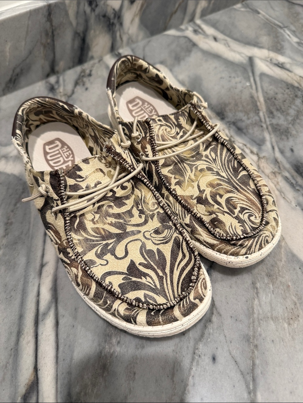 Hey Dude Floral Pattern Canvas Slip-On Loafers in Brown and Cream - Picture 9 of 12